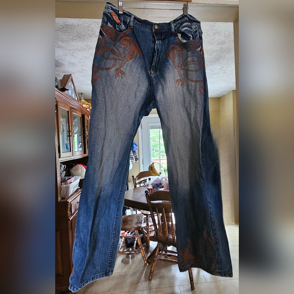 Men's Blue Jeans with Brown Accents